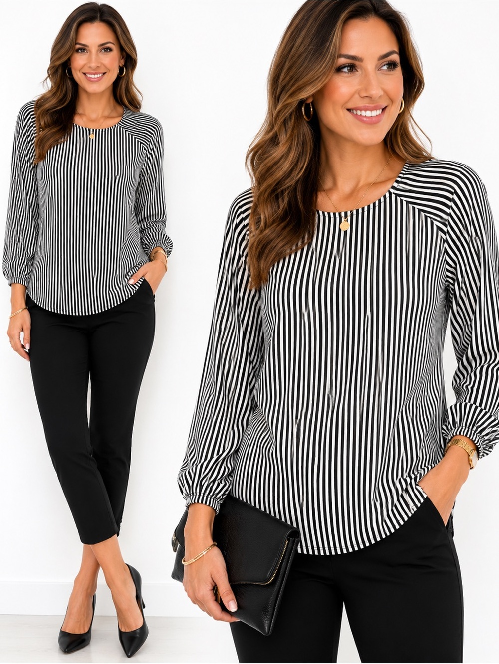 Adrianna Papell Black Cream Mixed Stripe Office Career Chic Blouse Top Sz. XL